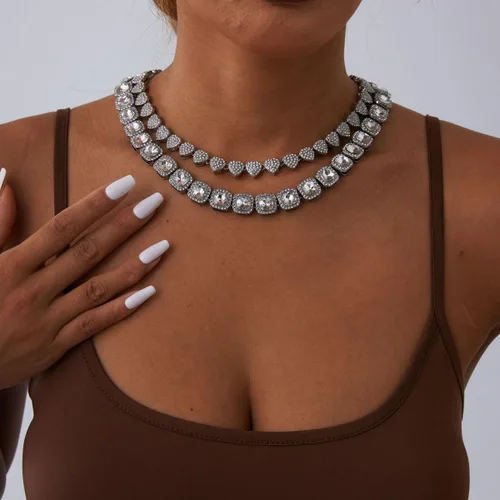 Vista 2 de DIDISEE Cadena de eslabones cubanos de oro y plata para mujer, collares de tenis con forma de corazón, cadena de diamantes, collar en capas, collar
