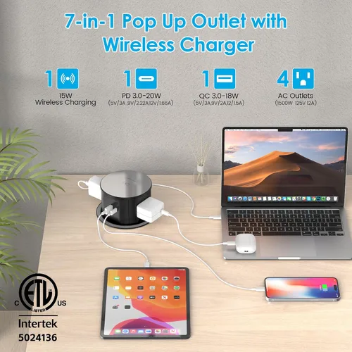 Vista 2 de VILONG - Toma desplegable para encimera, 20 W USB-C, 15 W inalámbrico, 4 AC, cable de 6 pies