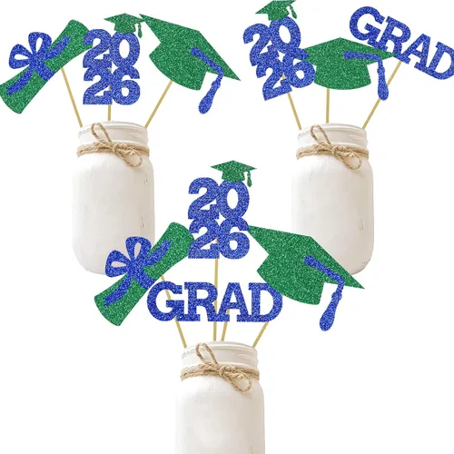 Vista 8 de Centro de mesa de graduación Decoración de mesa de centro de fiesta, palillos con purpurina, tapa de graduación para clase, fotomatón, favores, azul