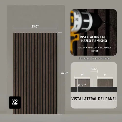 Vista 5 de Paquete de 2 paneles de madera para pared, paneles de pared de listones de madera acústicos, paneles de madera insonorizados para decoración