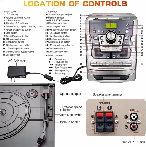 Vista 7 de Reproductor de Discos de Vinilo Estéreo Bluetooth, Sistema de Música Tocadiscos Estéreo de 3 Velocidades con Reproductor de CD, Platina de Cassette