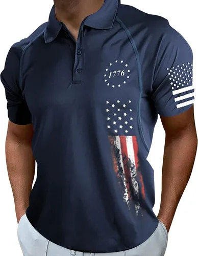 Vista 2 de Polo para hombre, 1776 Día de la Independencia con estampado de la bandera americana, camiseta polo de manga corta militar táctica patriótica