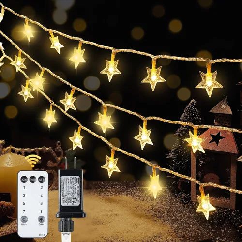 Vista 10 de HEYFUNi Guirnalda de luces de estrella USB y funciona con pilas, 16 pies, 50 luces LED con control remoto, 8 modos, 4 brillo y velocidad, luces