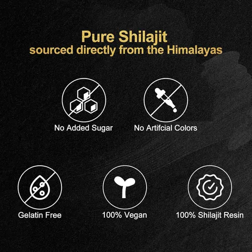 Vista 6 de Gomitas Shilajit, gomitas puras del Himalaya Shilajit doradas, sin azúcar añadido, sin OMG, 100% naturales y orgánicas, Ashwagandha, Gokshura, ácido