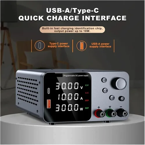 Vista 3 de Fuente de alimentación de 30V 10A CC Fuente de alimentación de banco de CC regulada de conmutación variable para carga rápida Pantalla LED