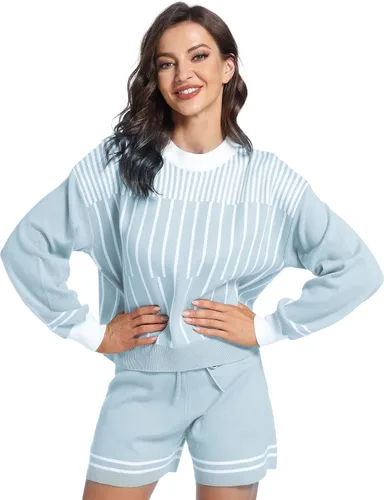 Vista 2 de PEHMEA Conjunto de 2 piezas de suéter de punto para mujer, cuello redondo, sin botones y pantalones cortos con cordón