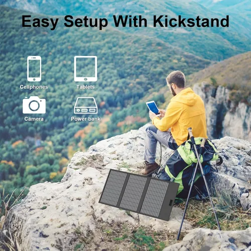Vista 6 de Cargador de panel solar portátil de 45 W con USB-C, USB-A y salidas DC de 18 V, paneles solares plegables impermeables IP67 con un soporte