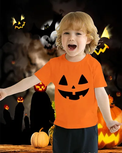 Vista 2 de CM-Kid Camisa de Halloween para niños pequeños, niñas, calabaza, fantasma, dinosaurio, camiseta de manga corta para niños, camisetas de algodón de 2