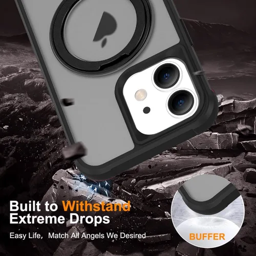 Vista 6 de Funda para iPhone 11 de 6.1 pulgadas con soporte de anillo magnético giratorio de 360°, compatible con MagSafe ligera y translúcida mate, funda