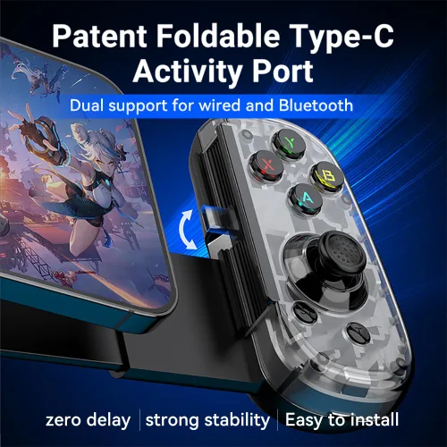 Vista 4 de FINGEREVO D6 Mini controlador móvil para juegos iOS Android PC, BT5.3 y USB-C Streaming Gamepad retráctil para teléfonos Pads N-S transparente