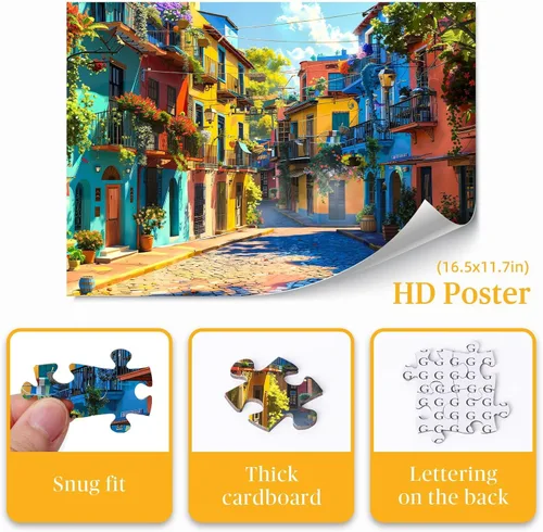 Vista 2 de Rompecabezas para adultos de 1000 piezas, colorida calle Italia, 27.6 x 19.7 pulgadas, alivio del estrés y desafío cognitivo, regalo ideal