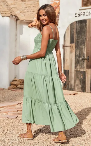 Vista 3 de PRETTYGARDEN - Vestido largo de verano para mujer, casual, bohemio, sin mangas, con tirantes delgados, fruncido, para playa, para el sol