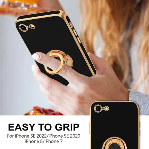 Vista 2 de Hython Funda para iPhone SE 2022, iPhone SE 2020, iPhone 7, iPhone 8 con soporte de anillo soporte magnético, chapado en oro rosa, TPU suave, Negro