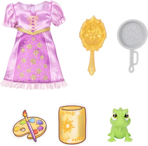 Vista 5 de Disney Princess Rapunzel Doll Muñeca Rapunzel de pelo largo Petite con Pascal, en moda de vestir púrpura y blanco