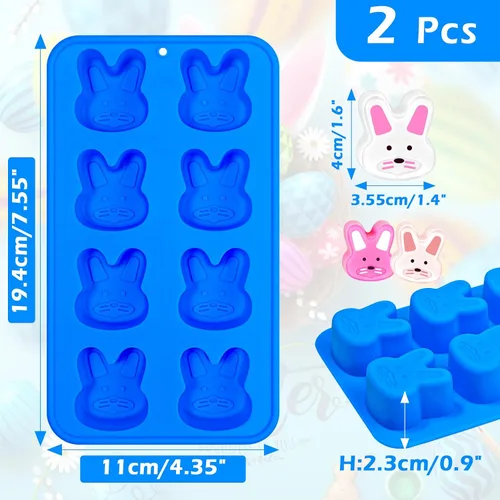 Vista 3 de Webake Moldes para cubitos de hielo de conejo de Pascua, moldes de silicona de conejo de 8 cavidades para chocolate, dulces, cubitos de hielo