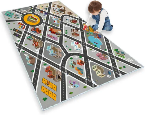 Vista 17 de Alfombra de juego para niños, ideal para jugar con autos y juguetes, alfombra educativa de carretera y tráfico para niños, alfombra divertida