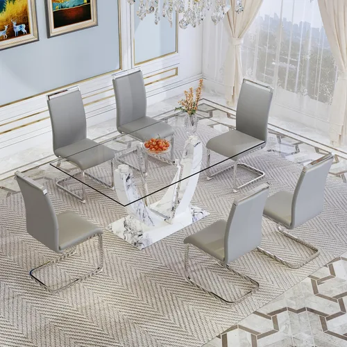 Vista 12 de JUFU Juego de mesa de comedor de cristal de 71 pulgadas para 6, juego de mesa de comedor moderno con base de textura de mármol sintético blanco
