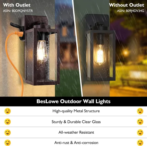 Vista 3 de BesLowe Paquete de 2 luces de porche con toma de corriente certificada UL, modernas luces de pared para exteriores, accesorios de iluminación