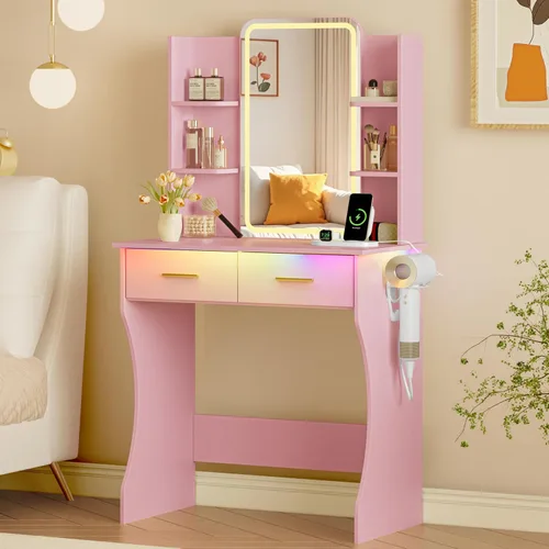 Vista 17 de Escritorio de tocador con espejo iluminado HD y luces, pequeño tocador de maquillaje acanalado con cajones y estantes de almacenamiento, juego