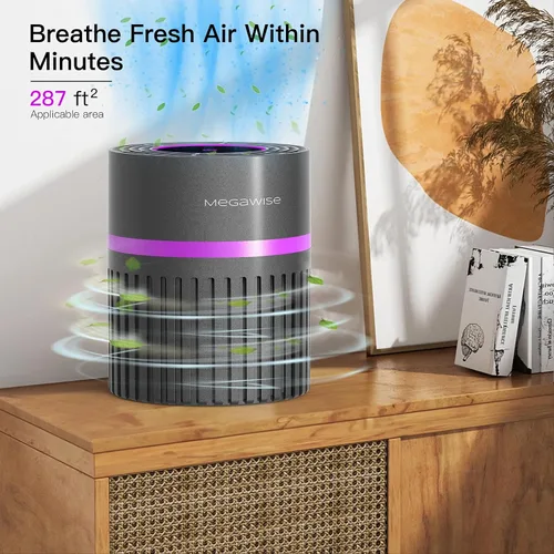 Vista 2 de MEGAWISE Purificador de aire HEPA H13 para dormitorio, oficina y habitaciones pequeñas, filtración de 3 etapas con entrada de aire de 360°, modo