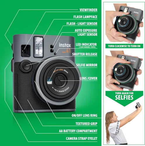 Vista 7 de Fujifilm Cámara Instax Mini 41 de película instantánea negra + paquete de 20 impresiones instantáneas Instax