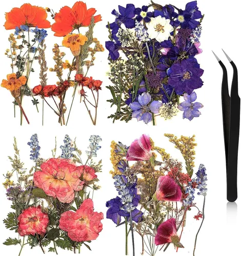 Vista 22 de Nuanchu Flores secas prensadas negras para manualidades, flores secas góticas, flores silvestres prensadas naturales a granel con pinzas para molde