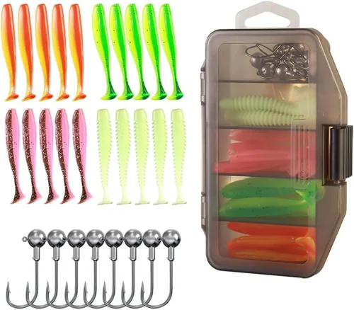 Vista 6 de Juego de cebo, juego de señuelos de pesca, juego de caja de equipo de pesca de lubina y trucha, incluye ganchos, gusanos, regalos de pesca