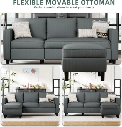 Vista 4 de SUNLEI L-Shaped Sectional Couch, Modern Grey Reversible Sectional Sofa with Reversible Ottoman, 3-Seat Sectional Couches for Living Room and