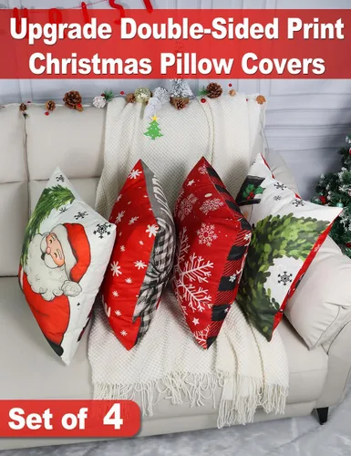 Vista 2 de multiwins Juego de 4 fundas de almohada navideñas con estampado de doble cara de 18 x 18 pulgadas, con 8 bonitos patrones, fundas de almohada