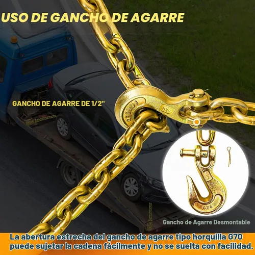 Vista 3 de Cadena de Sujeción de 10 Pies con Grado 80, Cadena de Elevación con Ganchos de Resorte Clevis de 1/2 Pulgada, Límite de Carga de Trabajo de 11300