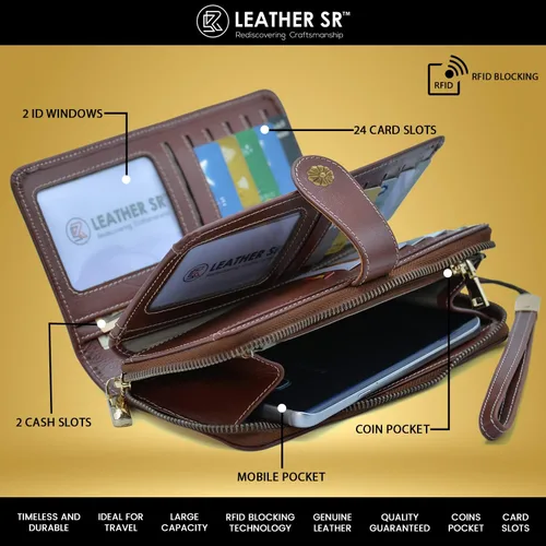 Vista 2 de Leather SR Cartera de cuero de grano superior para mujer de gran capacidad con bloqueo RFID 24 ranuras para tarjetas 9 compartimentos