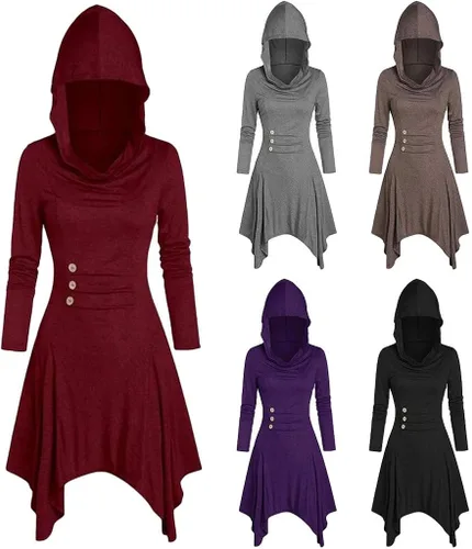Vista 4 de RKSTN Vestido gótico con capucha y capucha, blusas para mujer, disfraces con cordones, abrigo con capucha, capa alta y baja, Multicolor, S