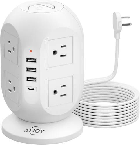 Vista 8 de AiJoy Torre de regleta de protección contra sobretensiones con 8 tomas, 4 puertos USB (1 USB-C), cable de extensión plano de 10 pies con múltiples