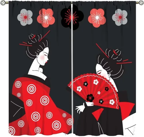 Vista 14 de Cortinas de estilo japonés, Kyoto Geisha Girls Asian Ink Painting - Cortinas de tela de poliéster con estampado de Japón antiguo para dormitorio