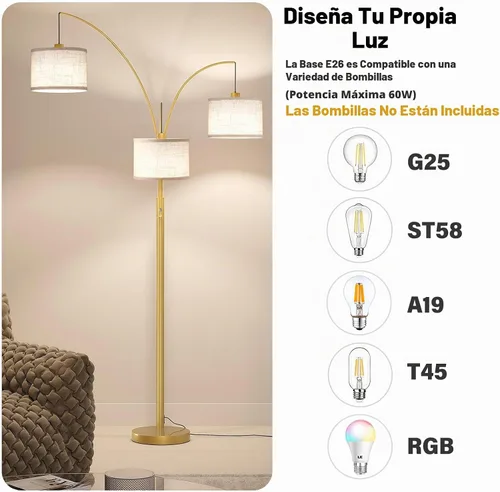 Vista 4 de SUNMORY Lámparas de pie de 3 luces para sala de estar, lámpara de pie de Oro (interruptor giratorio)