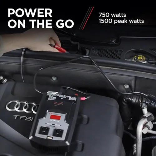 Vista 3 de Schumacher Electric Convertidor de corriente CC a CA, XI75DU, 750 vatios continuos, 1500 vatios de pico, 2 salidas de CA, puerto USB de 2 amperios