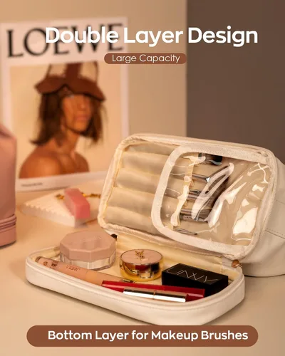 Vista 6 de Bolsa de maquillaje con asa, bolsa de cosméticos impermeable de doble capa, bolsas de maquillaje de cuero PU de gran capacidad con letra, bolsa