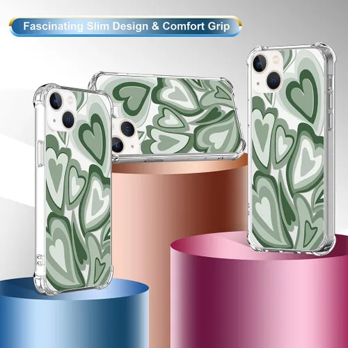 Vista 3 de Funda compatible con iPhone 15, diseño de kawaii, diseño femenino femenino para mujeres y niñas, diseño abstracto de corazón verde