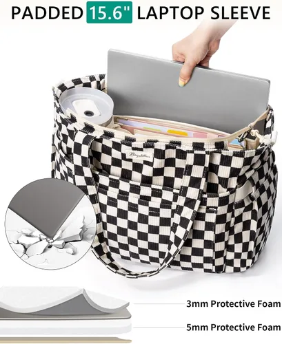 Vista 4 de Bolsa tote de pana para mujeres, 17 bolsillos para laptop de trabajo, ligera, para maestras, enfermeras, bolsa de hombro bíblica para escuela