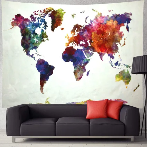 Vista 5 de Ameyahud Tapiz de mapamundi de acuarela, tapiz educativo de geografía, pintura colorida, tapiz del mundo nacional, decoración para colgar