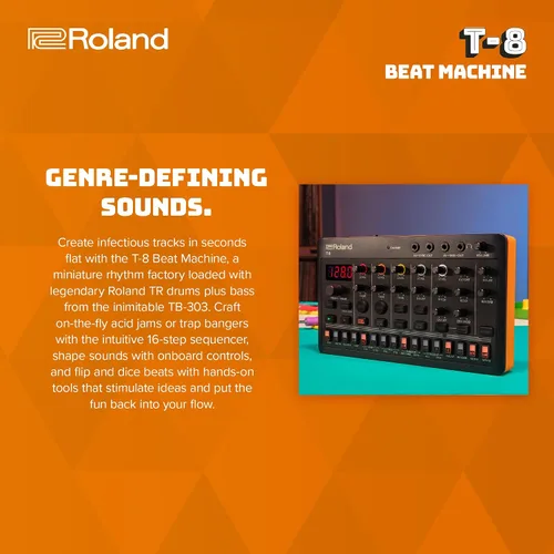 Vista 3 de Roland AIRA Compact T-8 BEAT MACHINE Máquina de ritmo y bajo ultraportátil con sonidos Roland genuinos Secuenciador de batería TR-REC Seis