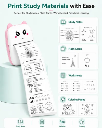 Vista 4 de Mini impresora de calcomanías con 11 rollos de papel, impresora térmica portátil sin tinta Bluetooth con aplicación AI para iPhone y Android