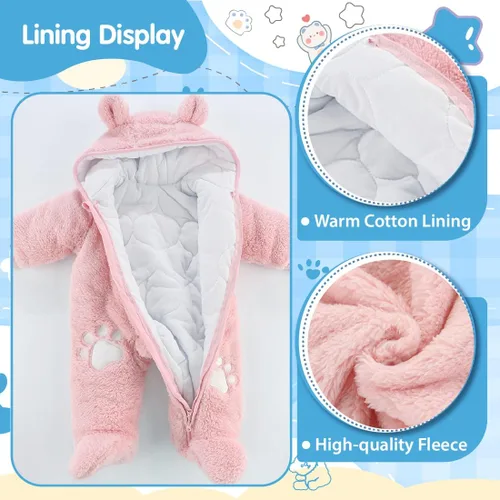 Vista 4 de Fairy Baby Traje de nieve para bebé recién nacido, con oso y mameluco de forro polar grueso, abrigo infantil para niñas y niños de 0 a 12 meses
