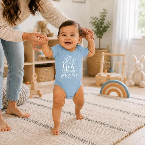 Vista 4 de AW Fashions I'm Proof God Answers Prayers - Miracle Baby Bodysuit Azul
