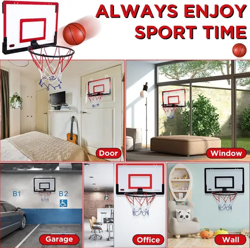 Vista 5 de Sosation 2 piezas Mini aro de baloncesto con 4 balones de baloncesto, gancho adhesivo, bomba, aro de baloncesto para interiores sin perforación