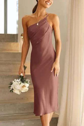 Vista 3 de PRETTYGARDEN Vestido midi de satén para mujer, con un hombro, tirantes delgados, espalda descubierta, fruncido, vestido ajustado de verano