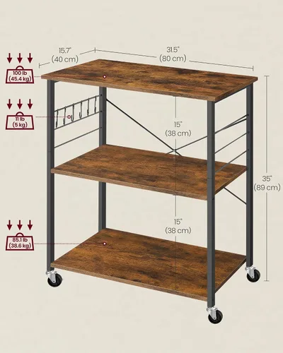 Vista 5 de VASAGLE Estante de cocina con ruedas, carrito de servicio de 31.5 pulgadas con 3 estantes, carrito de cocina, estante de microondas, para mini
