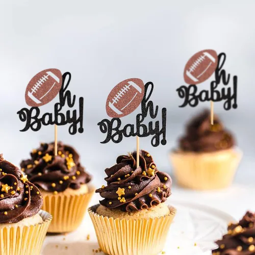 Vista 4 de Ercadio Paquete de 24 adornos para cupcakes de fútbol americano Oh Baby - Púas de rugby con purpurina negra para temática deportiva, baby shower