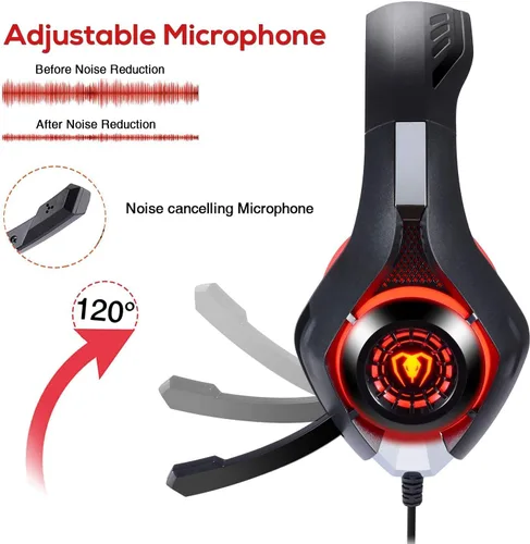 Vista 6 de BlueFire Auriculares con cable para juegos para PS4, PS5, Xbox One, PC, auriculares con sonido envolvente, micrófono con cancelación de ruido, Rojo