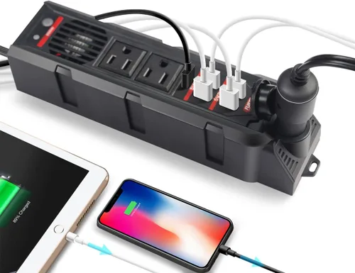 Vista 6 de Inversor de corriente para automóvil de 200 W CC 12 V a 110 V CA – Dos salidas de CA, 4 USB-A (4.8 A) y 18 W USB-C PD carga rápida, enchufe extra